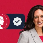 A smiling woman in a light suit stands in front of a red background with a white state outline and icons of a profile and a checkmark in a badge, representing Jennifer Balkcom’s campaign for NC-11 as a Pro-Life advocate.