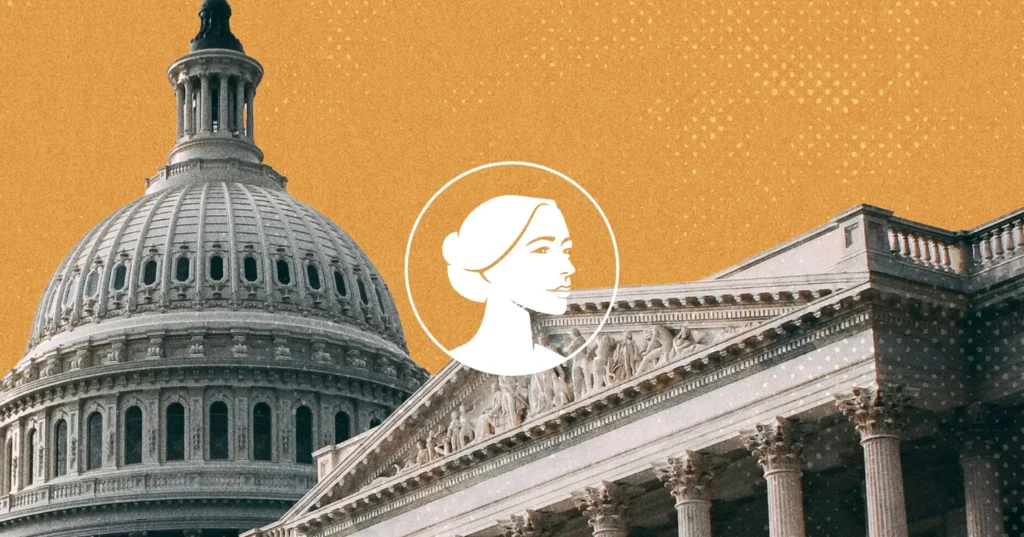 Illustration of the U.S. Capitol dome and a government building with columns, overlaid with an icon of a woman’s profile, referencing Mail-Order Abortion Drugs on an orange textured background.