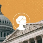 Illustration of the U.S. Capitol dome and a government building with columns, overlaid with an icon of a woman’s profile, referencing Mail-Order Abortion Drugs on an orange textured background.
