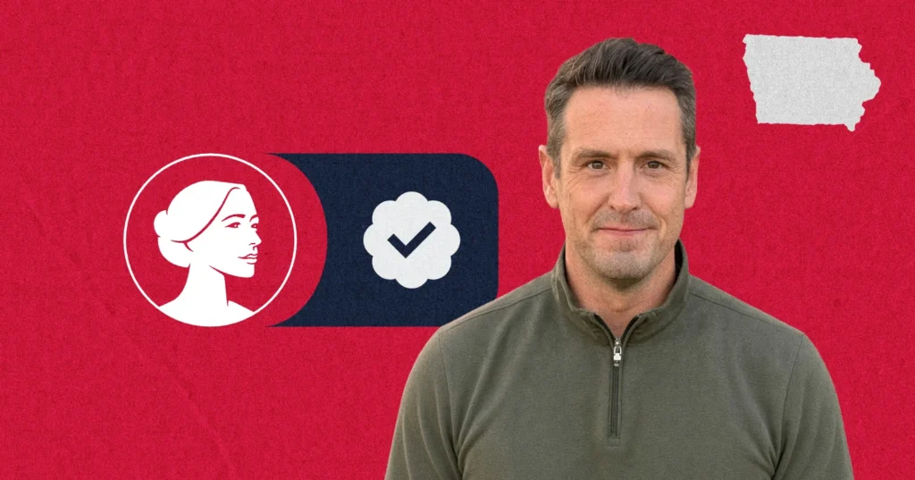 A man in a green sweater stands in front of a red background with profile and checkmark icons and a white Iowa state silhouette, evoking the campaign energy of Iowa Governor candidate Zach Lahn, known for his pro-life stance.