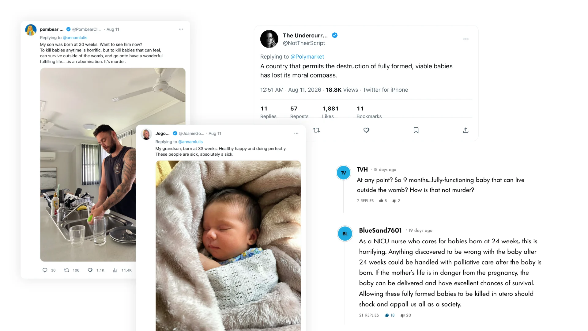 A collage of tweets and social media posts, including a man preparing a bottle, a newborn baby wrapped in a blanket, and tweets discussing babies, birth, the abortion narrative, and moral issues during the midterms.