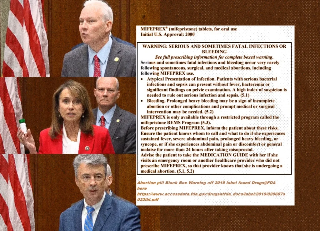 Three panels showing political figures and the Attorney General speaking at podiums, alongside a boxed warning label for the abortion drug Mifeprex detailing risks of infection and bleeding.
