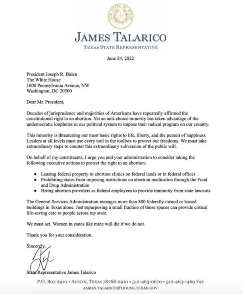 A June 24, 2022, letter from Texas State Representative James Talarico to President Biden urging executive action to protect abortion access and counter restrictive abortion legislation.