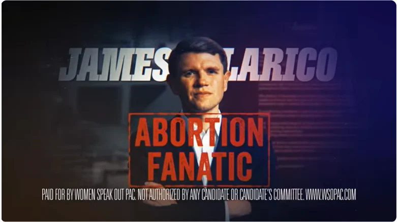 Political advertisement featuring a photo of James Talarico with the text ABORTION FANATIC over his chest and a disclaimer at the bottom stating it was paid for by Women Speak Out PAC.