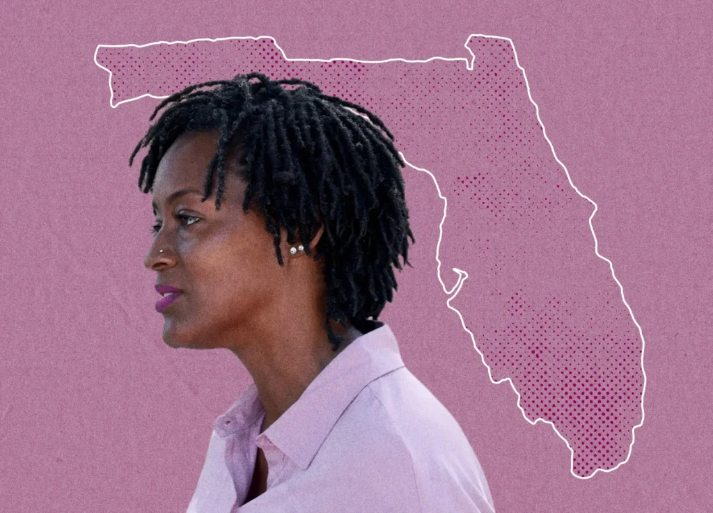 A profile portrait of Angie Nixon against a purple background featuring a dotted outline of the state of Florida.