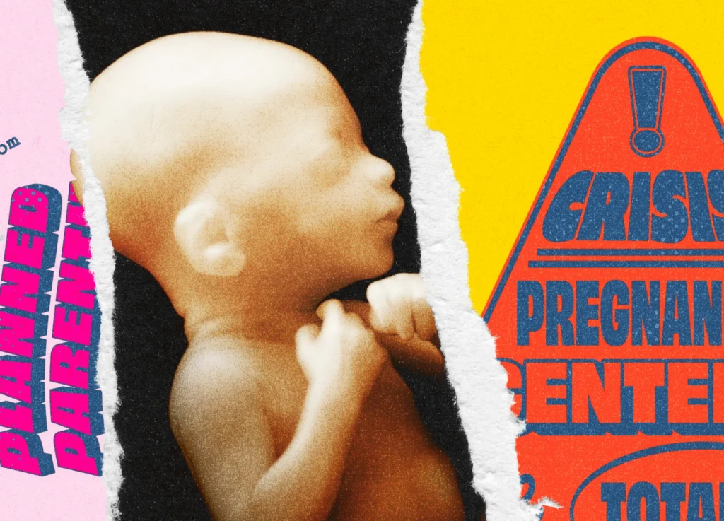 A collage featuring a side profile of a fetus, the words Planned Parenthood in bold pink letters, and a blue warning triangle with the text Crisis Pregnancy Center.