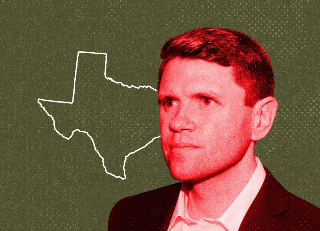 A red-filtered portrait of James Talarico next to a white outline map of Texas on a textured olive green background.