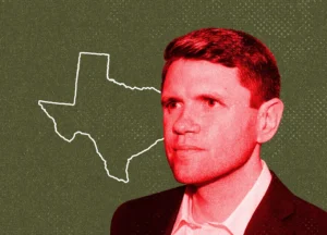 A red-filtered portrait of James Talarico next to a white outline map of Texas on a textured olive green background.