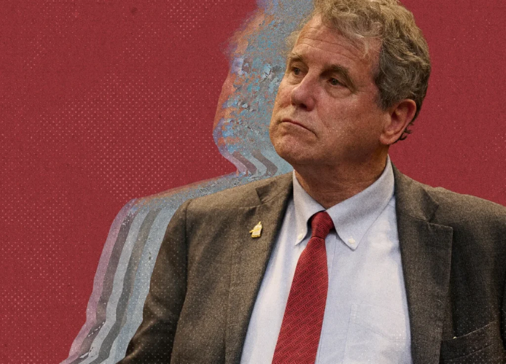 Senator Sherrod Brown in a suit and red tie against a red background with a ghostly, repeating silhouette of himself, captured during his US Senate election campaign.