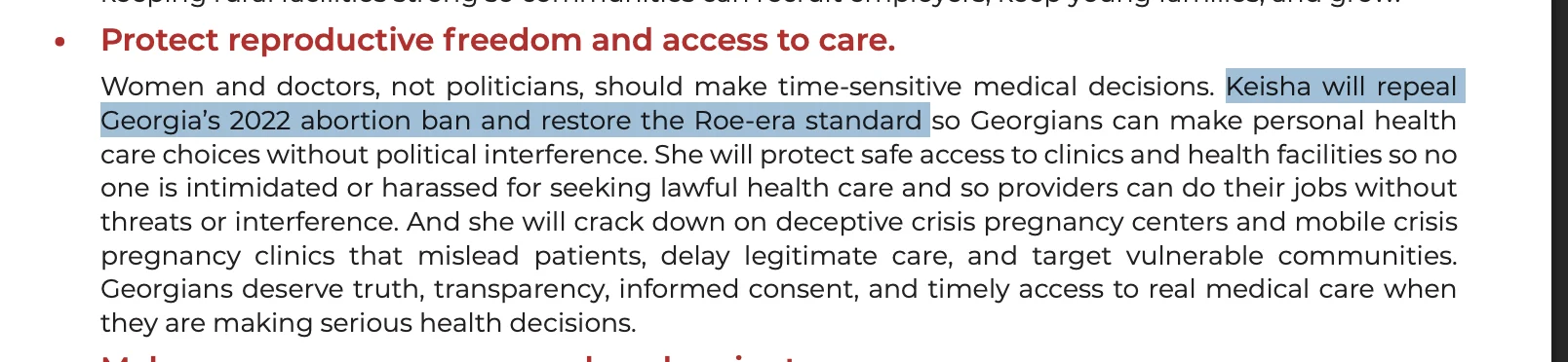 Excerpt from Keisha Lance Bottoms’ campaign platform: “Keisha will repeal Georgia’s 2022 abortion ban and restore the Roe-era standard.”