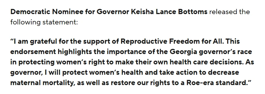 Keisha Lance Bottoms’ statement thanking Reproductive Freedom for All for its endorsement.