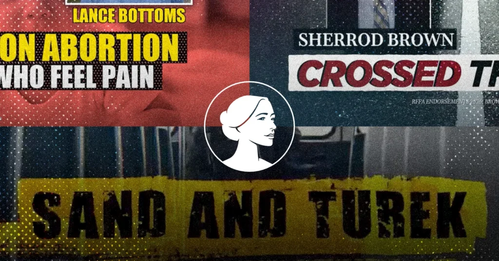 A collage of political campaign text featuring the names Lance Bottoms, Sherrod Brown, and Sand and Turek, centered with a white circular logo of a woman’s profile to support abortion rights.