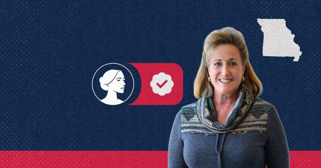 Ann Wagner smiles in front of a blue background featuring a white outline of Missouri and a graphic showing a woman’s profile next to a verified checkmark icon.