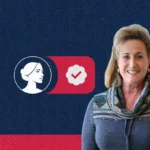 Ann Wagner smiles in front of a blue background featuring a white outline of Missouri and a graphic showing a woman’s profile next to a verified checkmark icon.