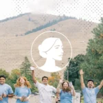 Seven people in matching blue shirts wave at the camera outdoors, with a circular line-art profile of a woman overlaid in the center to highlight Iowa politics.