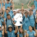 A large group of young adult pro-life battleground voters wearing matching blue t-shirts wave and smile at the camera, overlaid with a circular icon of a stylized woman’s profile.