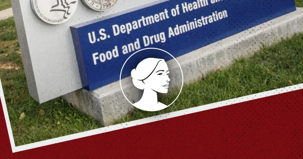 Sign for the FDA featuring a circular icon of a woman’s profile, providing a study update regarding mifepristone.