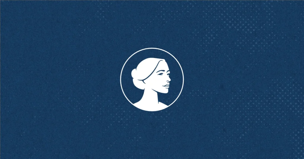 A white circular logo featuring a profile illustration of a woman on a dark blue textured background, representing reproductive health.