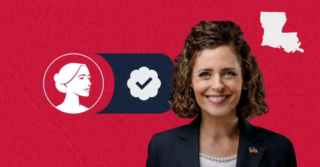 Julia Letlow stands smiling in a navy blazer before a red background featuring a white silhouette of Louisiana and a graphic of a woman’s profile next to a checkmark icon.