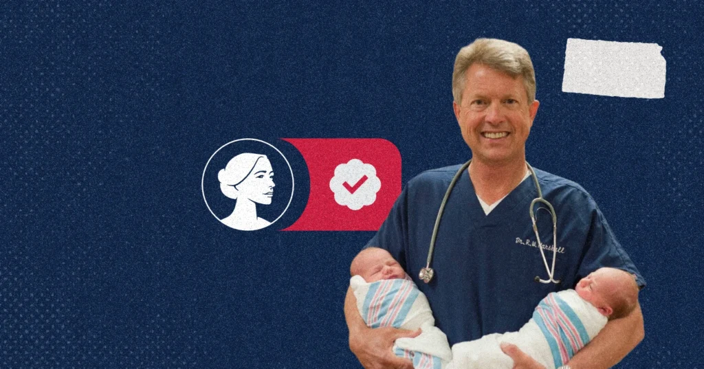 A doctor wearing scrubs and a stethoscope holds two newborns, with a profile illustration of a woman, a checkmark, and a Kansas outline representing Roger Marshall’s pro-life campaign.