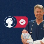 A doctor wearing scrubs and a stethoscope holds two newborns, with a profile illustration of a woman, a checkmark, and a Kansas outline representing Roger Marshall’s pro-life campaign.