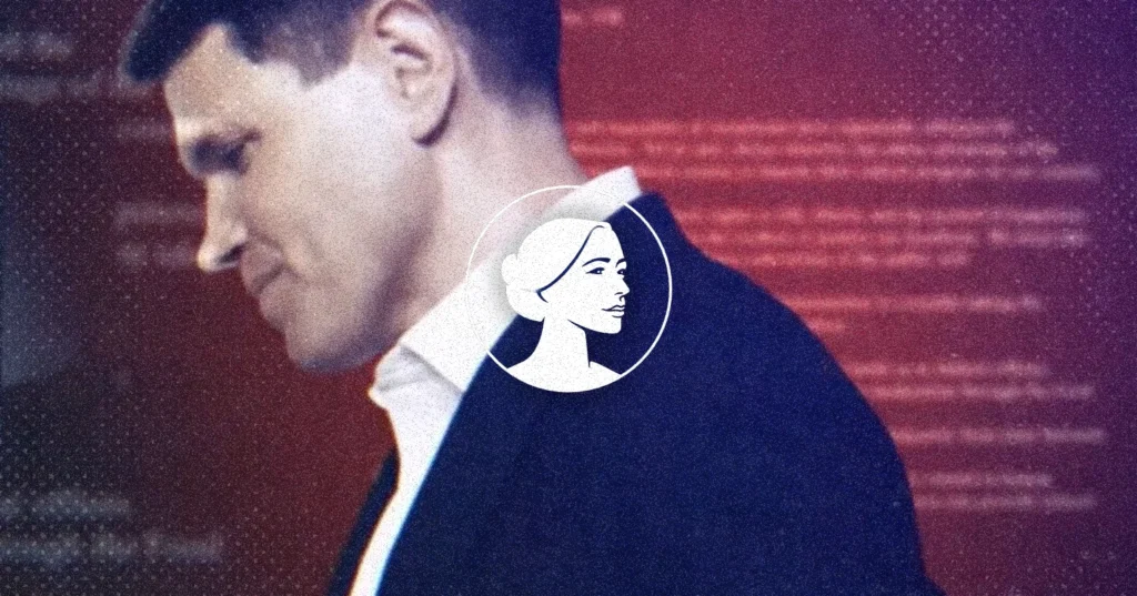 A side profile of Talarico in a suit jacket and white shirt, overlaid with a circular icon featuring a white illustration of a woman’s profile against a dark red background with blurred text regarding abortion.