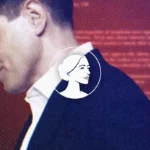 A side profile of Talarico in a suit jacket and white shirt, overlaid with a circular icon featuring a white illustration of a woman’s profile against a dark red background with blurred text regarding abortion.
