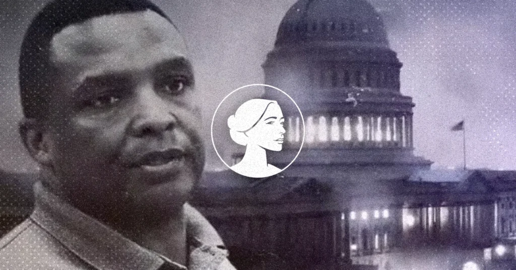 A portrait of a man overlaid with the U.S. Capitol building and a circular logo featuring a profile illustration of a woman, representing a North Carolina politics election campaign on abortion policy.