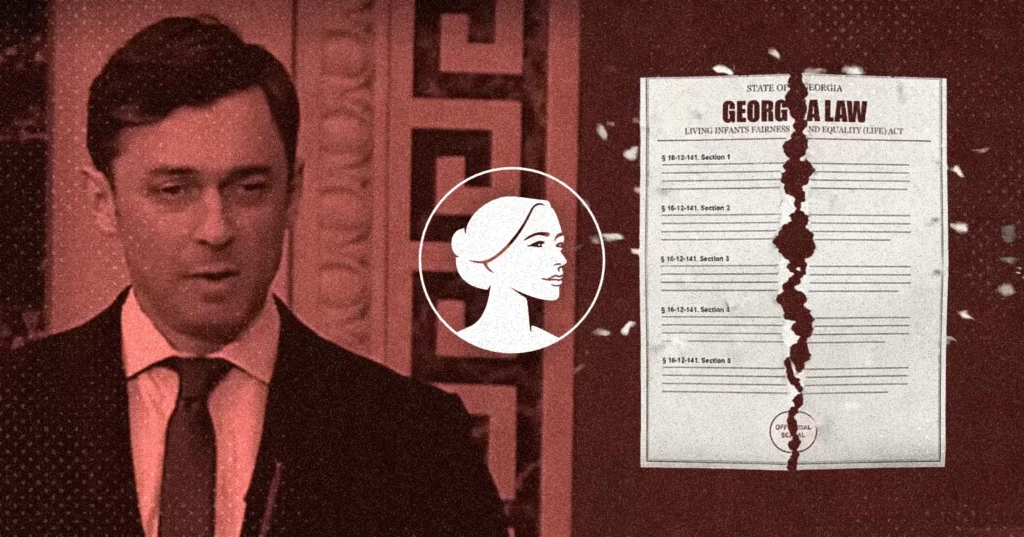 A man in a suit standing next to a Georgia Law document with a torn center and a circular icon of a woman’s profile, reflecting ongoing Georgia abortion politics.