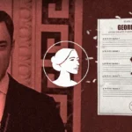 A man in a suit standing next to a Georgia Law document with a torn center and a circular icon of a woman’s profile, reflecting ongoing Georgia abortion politics.