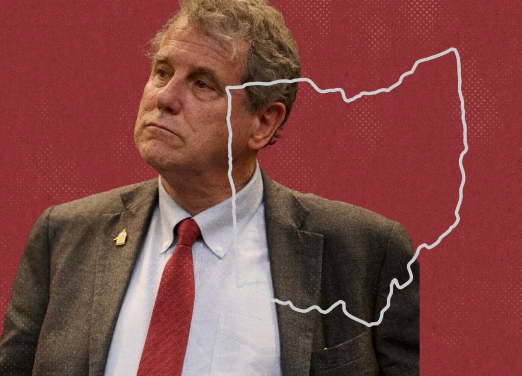 Senator Sherrod Brown in a suit and tie, positioned next to a white outline of the state of Ohio for the US Senate election.