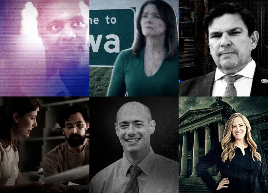 A collage of six images showing various people, including politicians and professionals, with some images featuring text or architectural backgrounds.