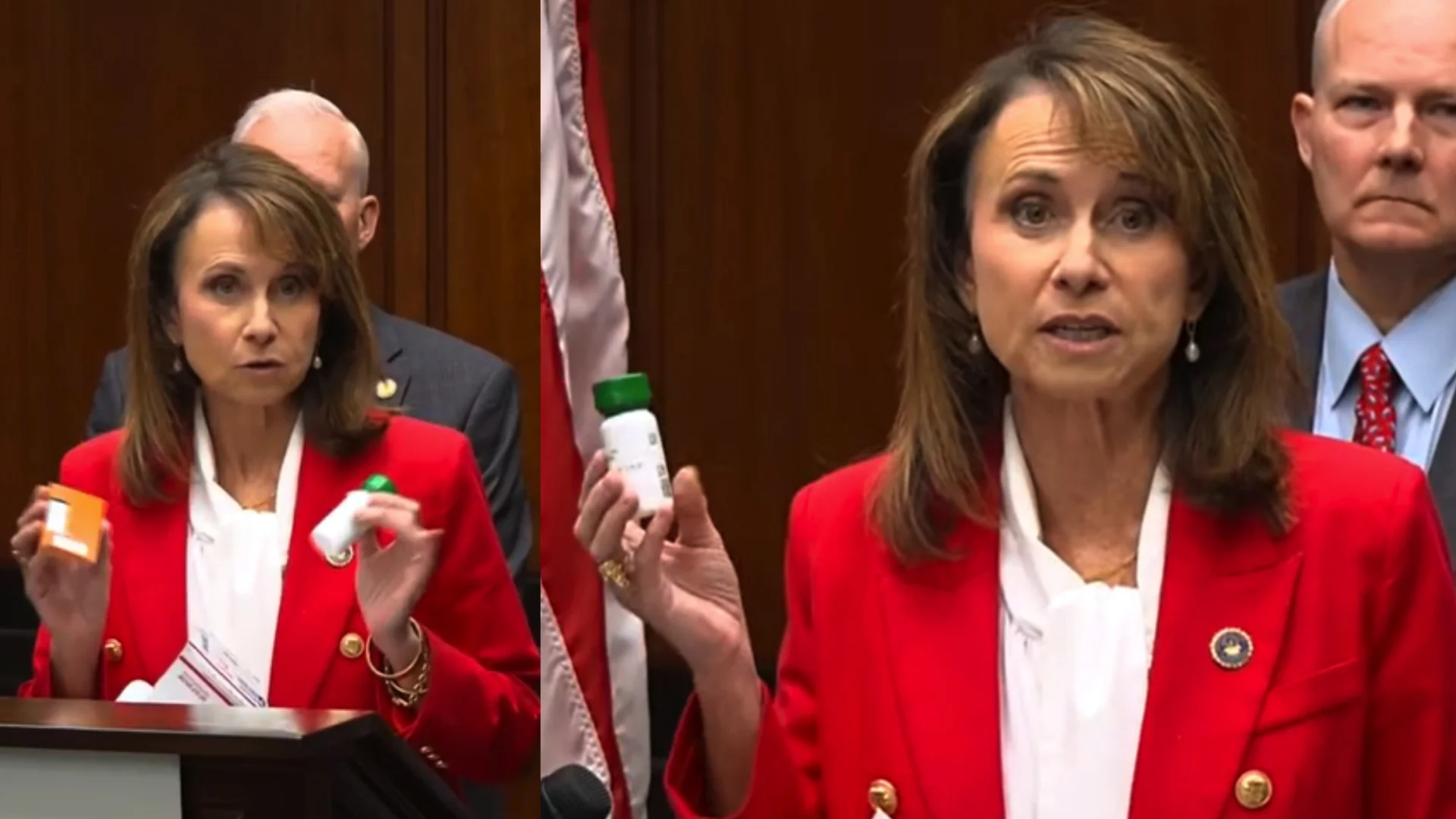 A woman in a red blazer stands at a podium holding up small medicine bottles while speaking to an audience about an abortion drug trafficking lawsuit.